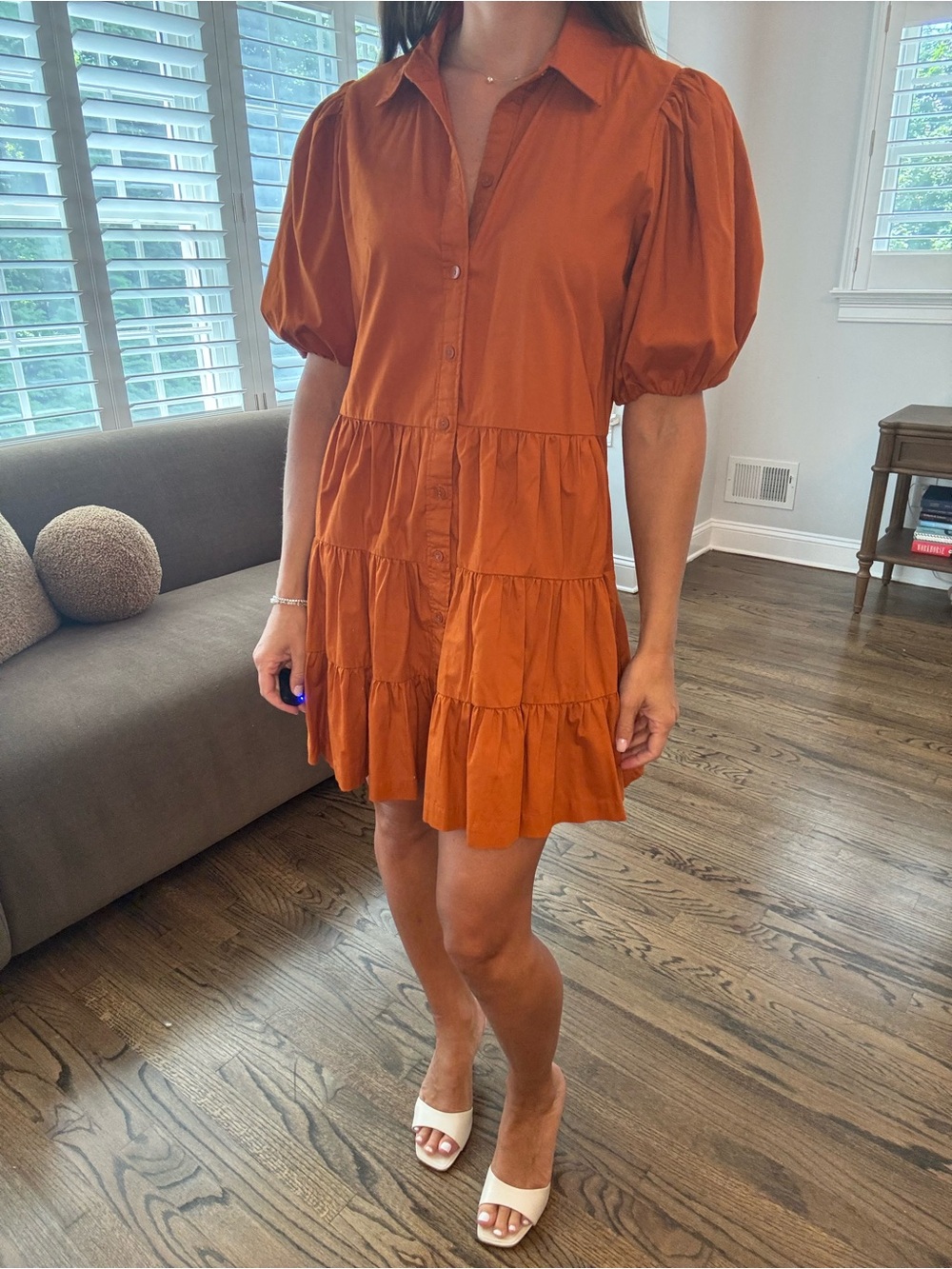 Abercrombie & Fitch Rust Orange Tiered Puff Sleeve Mini Dress